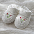 white pima cotton booties with rosebud and picot trim