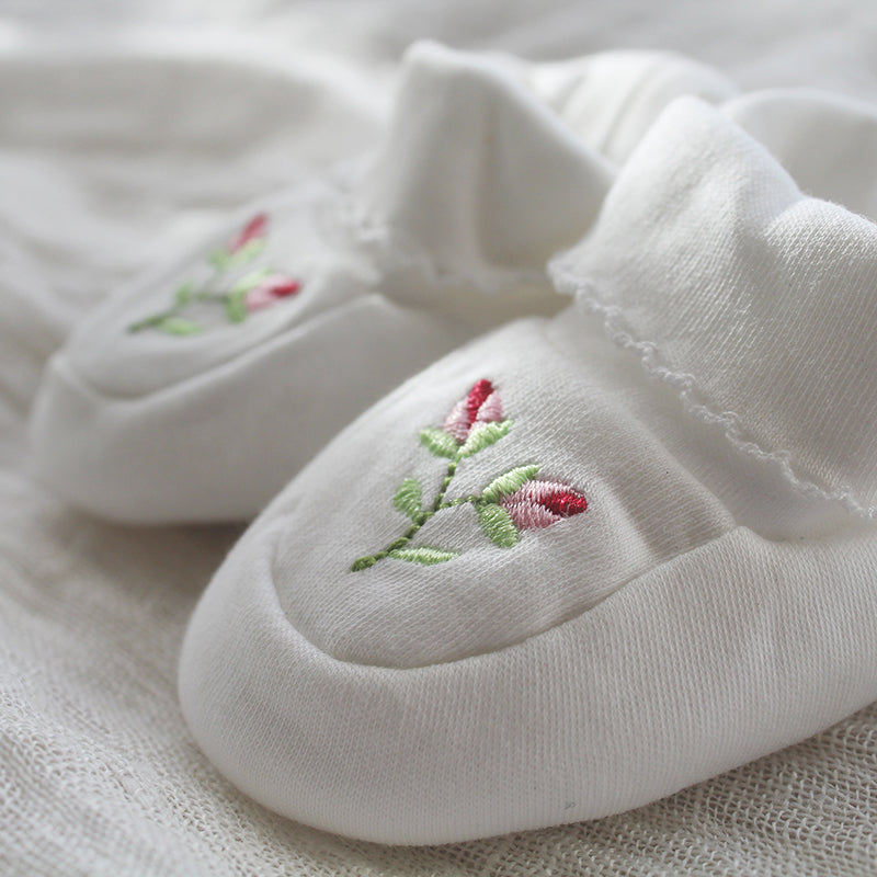 white pima cotton booties with rosebud and picot trim