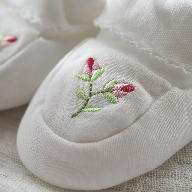 white pima cotton booties with rosebud and picot trim