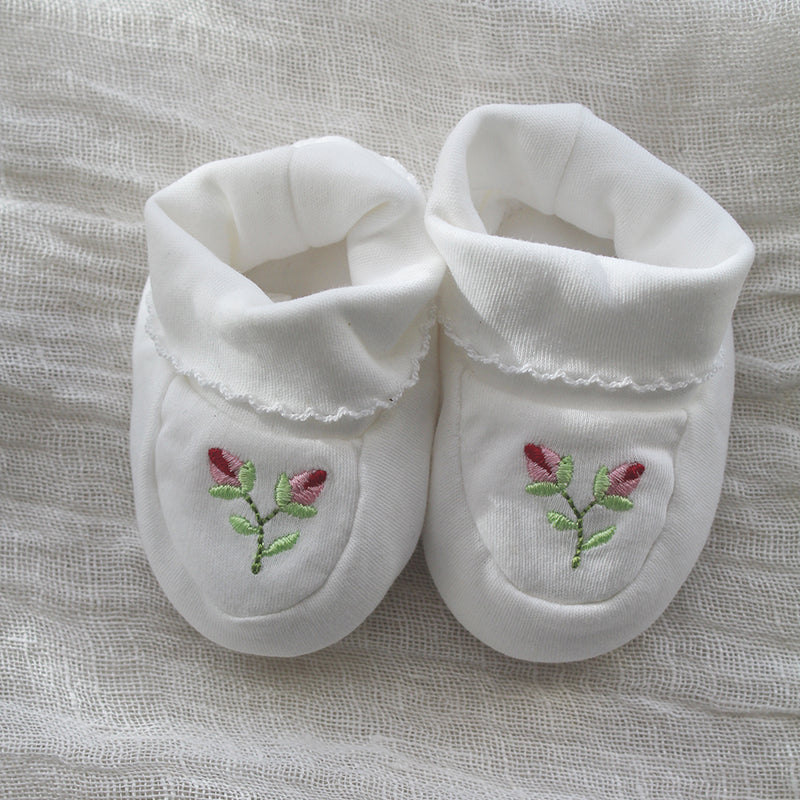 white pima cotton booties with rosebud and picot trim