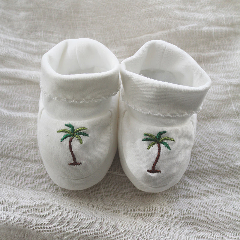 white pima cotton booties with palm tree