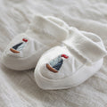 white pima cotton booties with sailboat