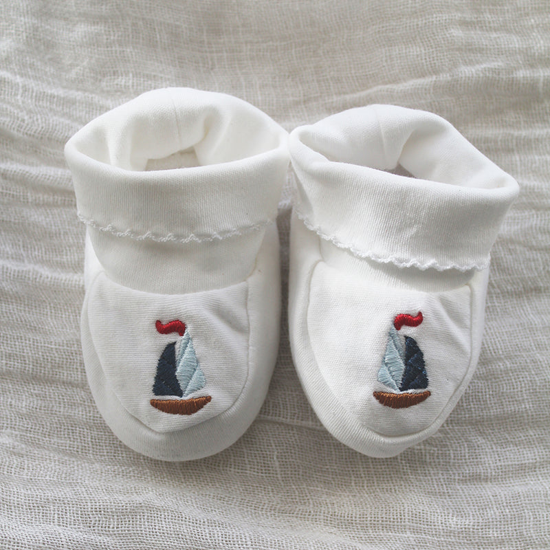 white pima cotton booties with sailboat