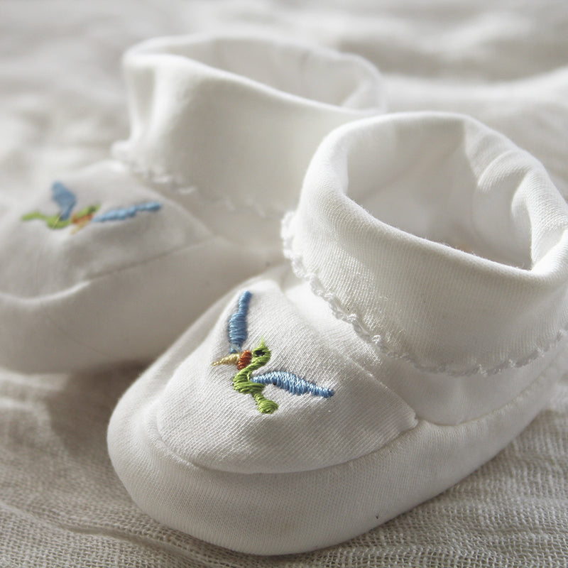 white pima cotton booties with bird