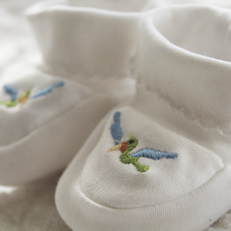 white pima cotton booties with bird