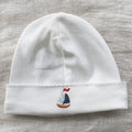 white pima cotton beanie with sailboat