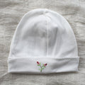 white pima cotton beanie with rosebuds