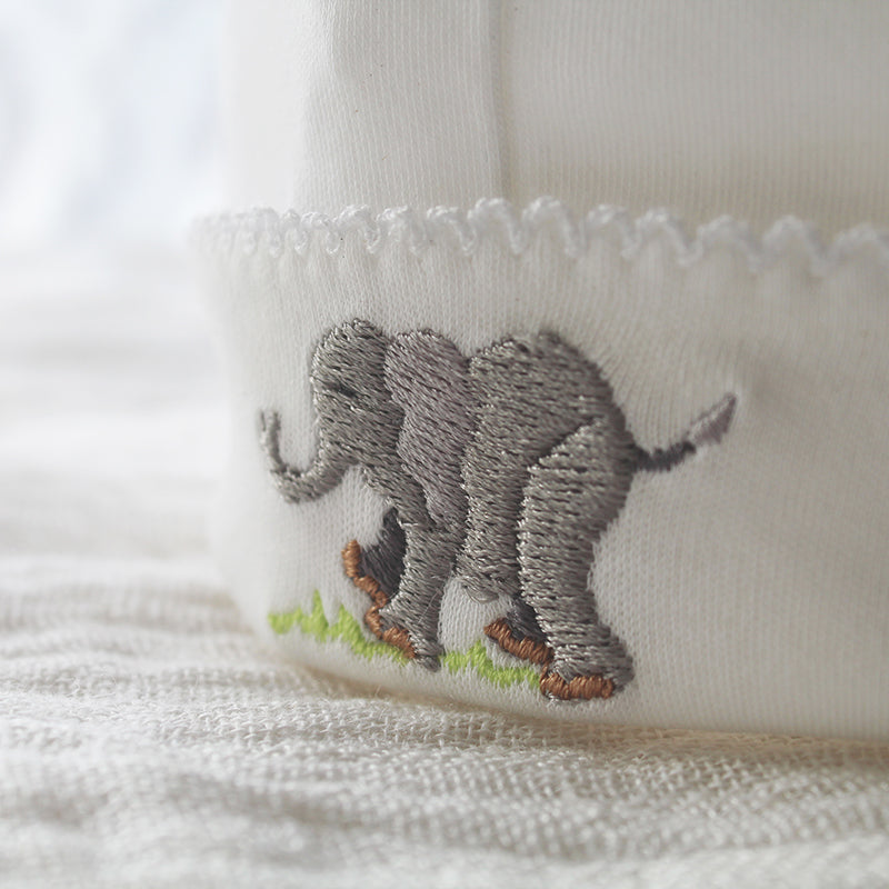 white pima cotton beanie with elephant