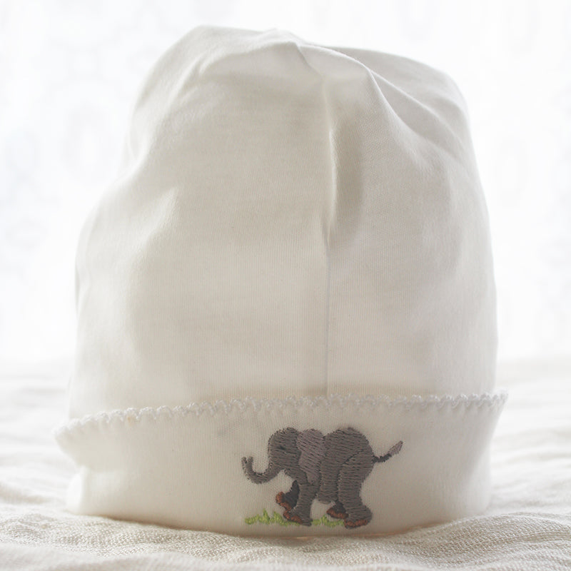 white pima cotton beanie with elephant