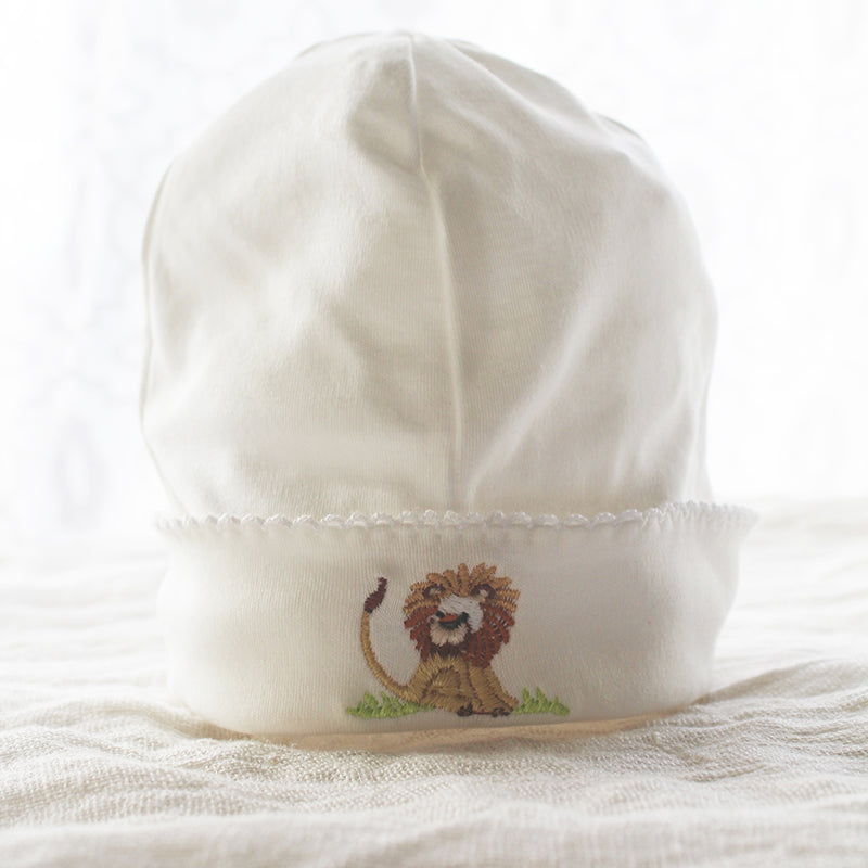 white pima cotton beanie with lion