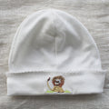white pima cotton beanie with lion