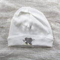white pima cotton beanie with elephant