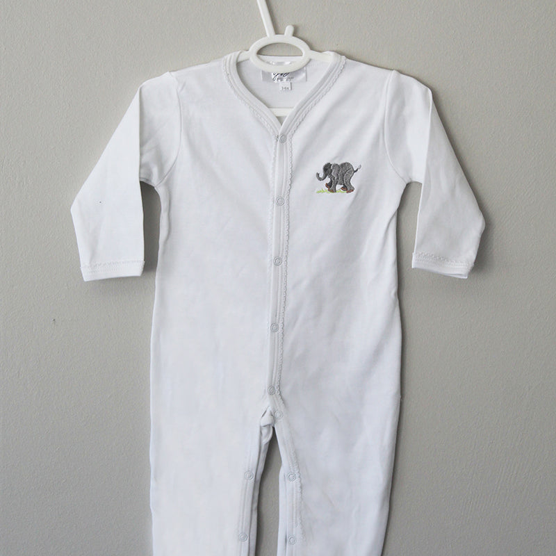 white cotton onesie with elephant