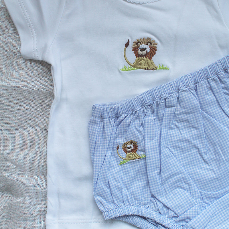 Cotton Diaper Cover  and matching t shirt with Lion Blue Gingham