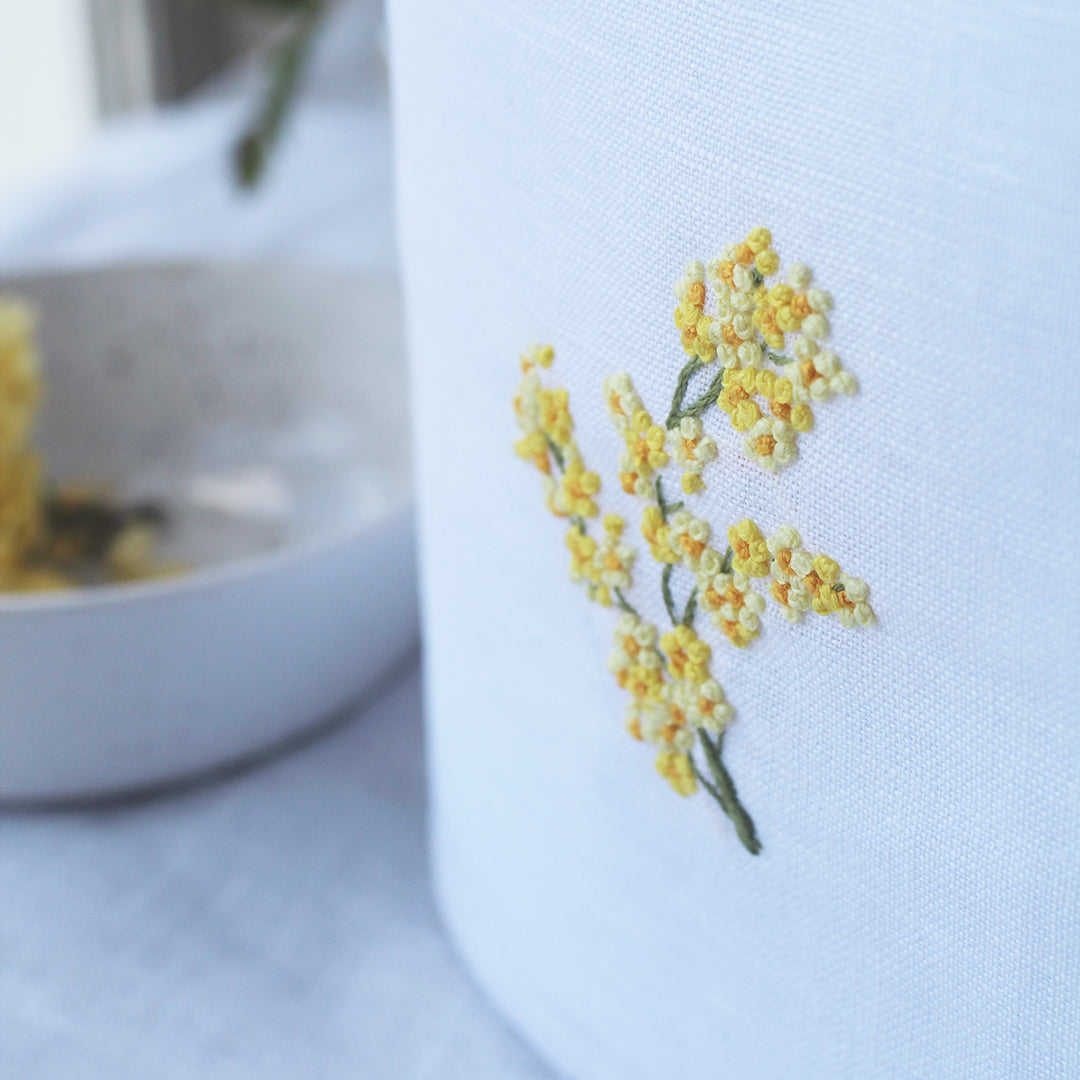 tissue box cover hand embroidered with mimosa