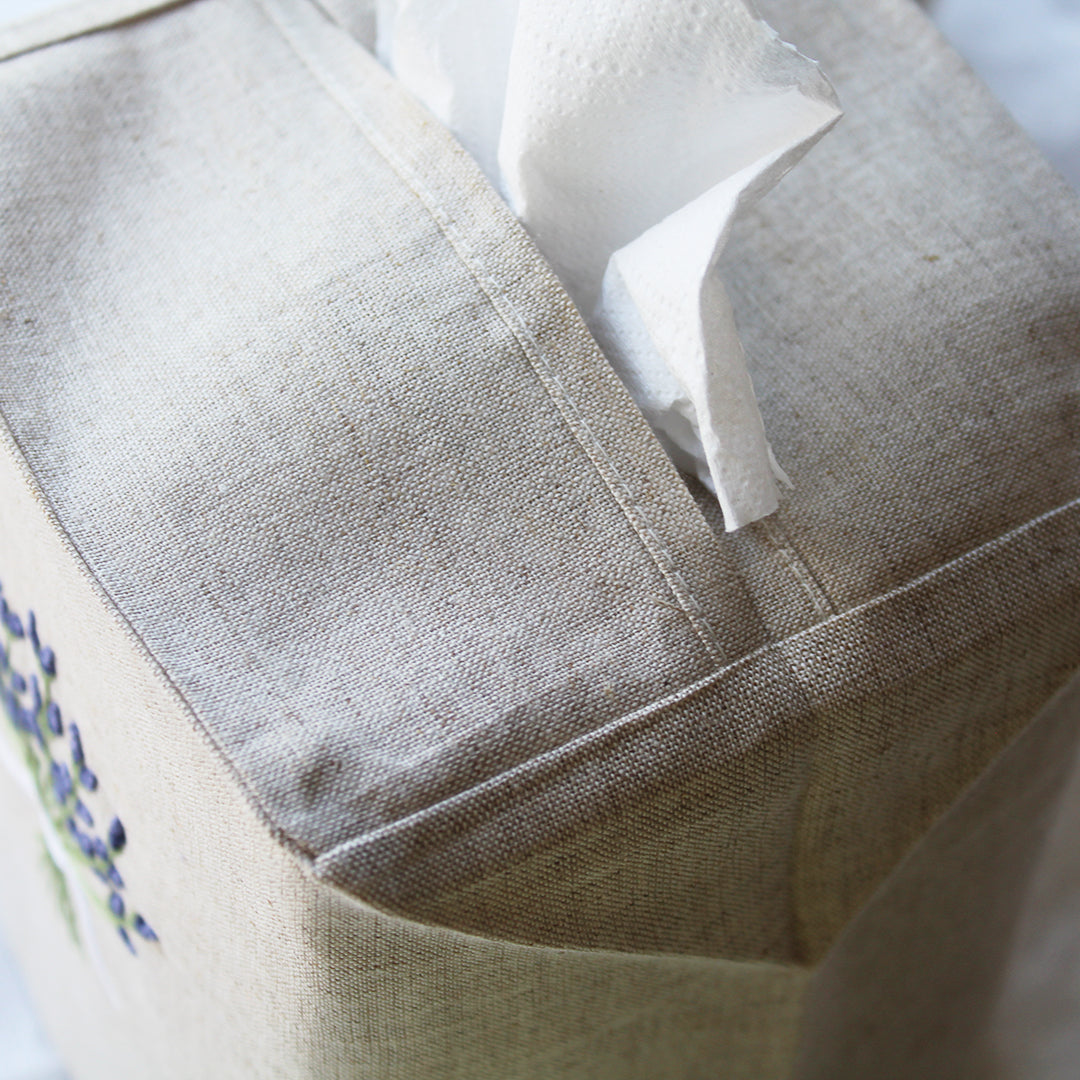 hand embroidered lavender linen cotton tissue box cover