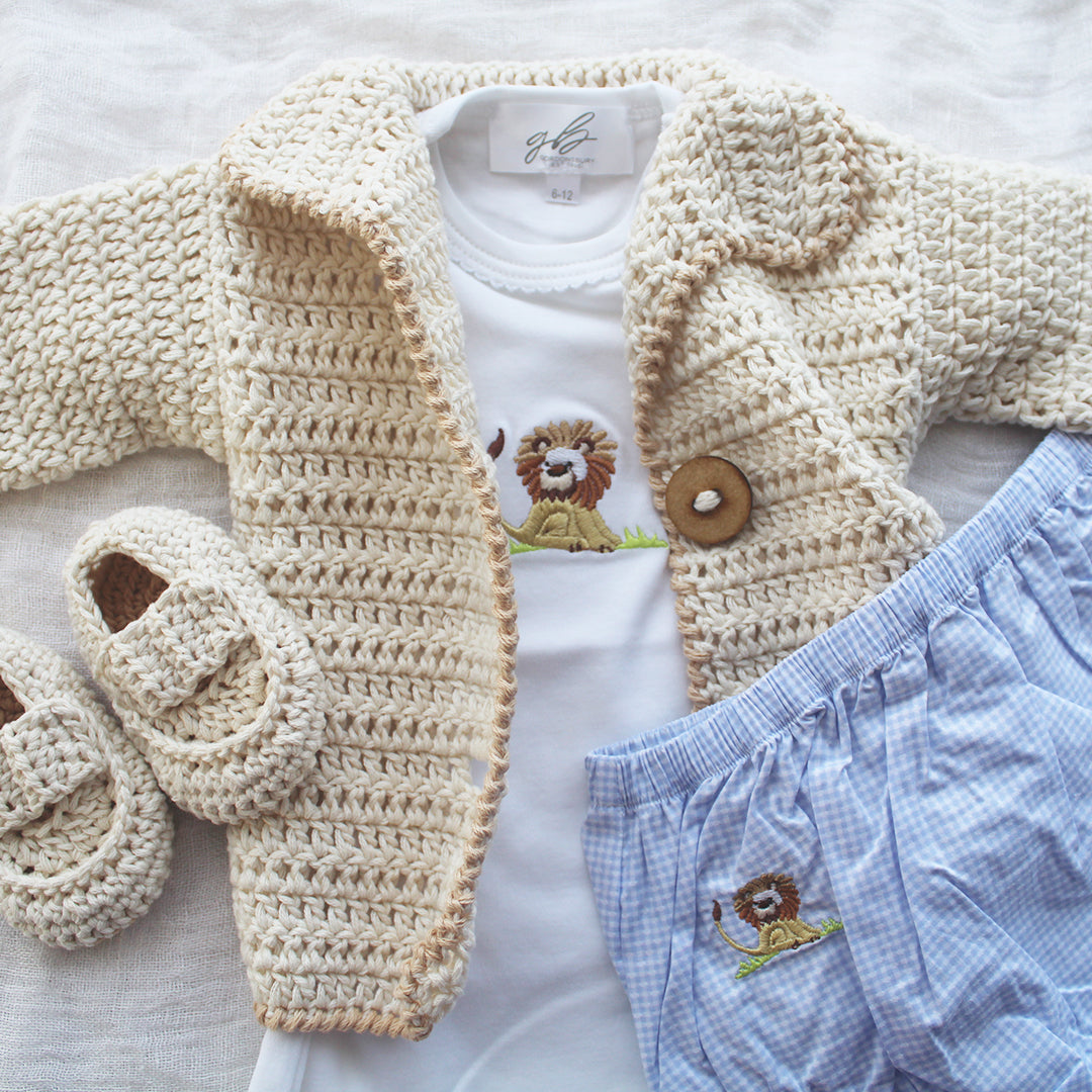 hand crocheted baby cardigan beige