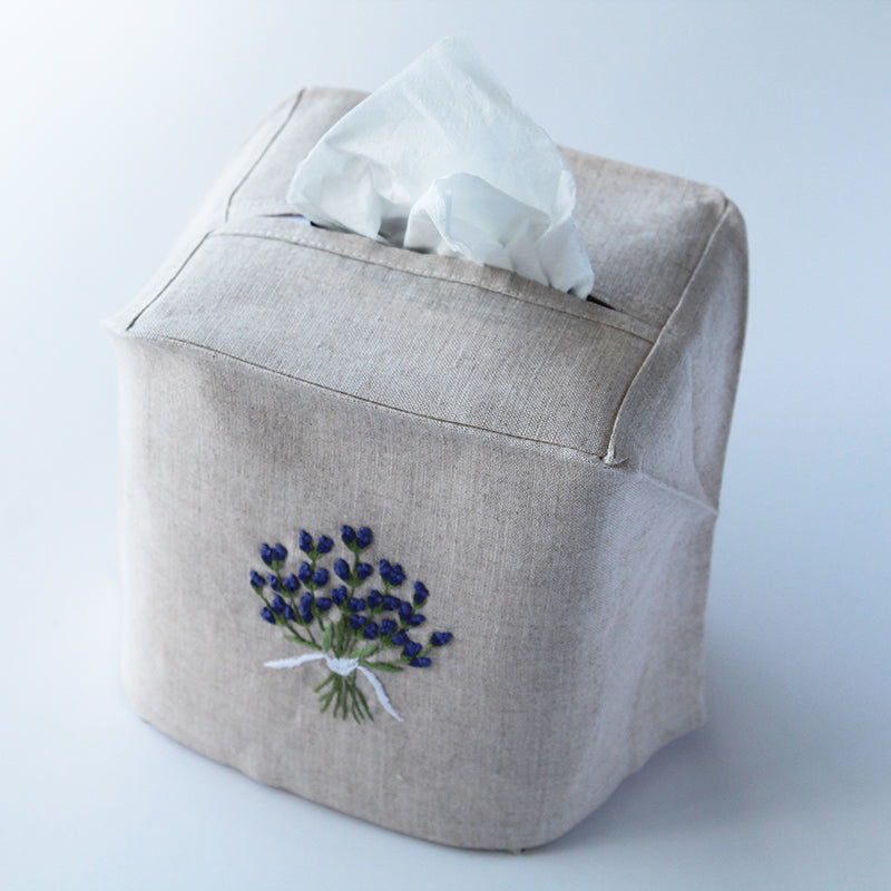 hand embroidered lavender linen cotton tissue box cover