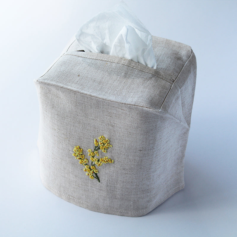 hand embroidered linen mimosa cotton tissue box cover