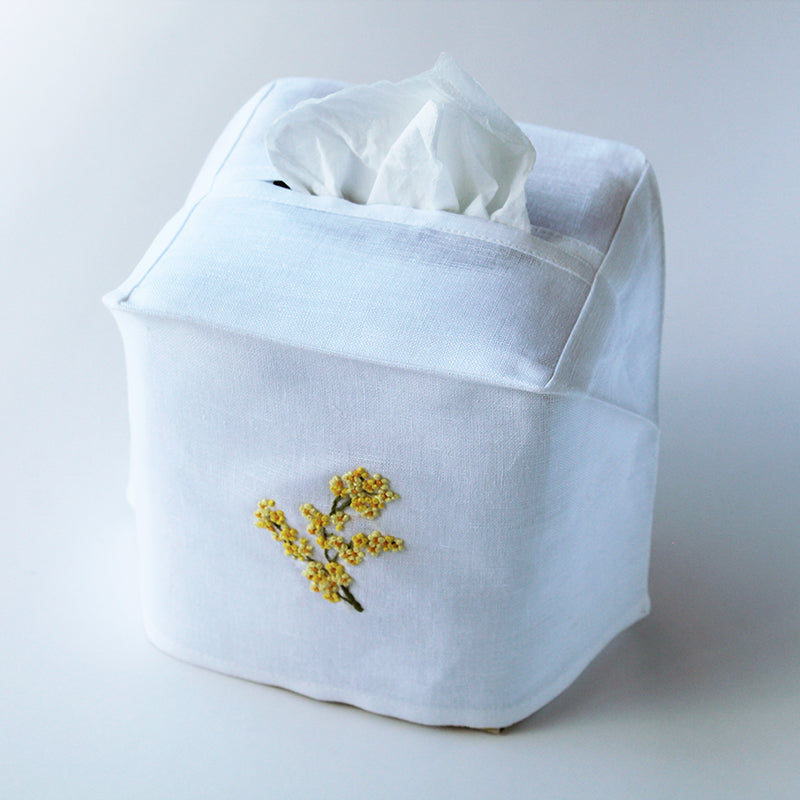 tissue box cover hand embroidered with mimosa