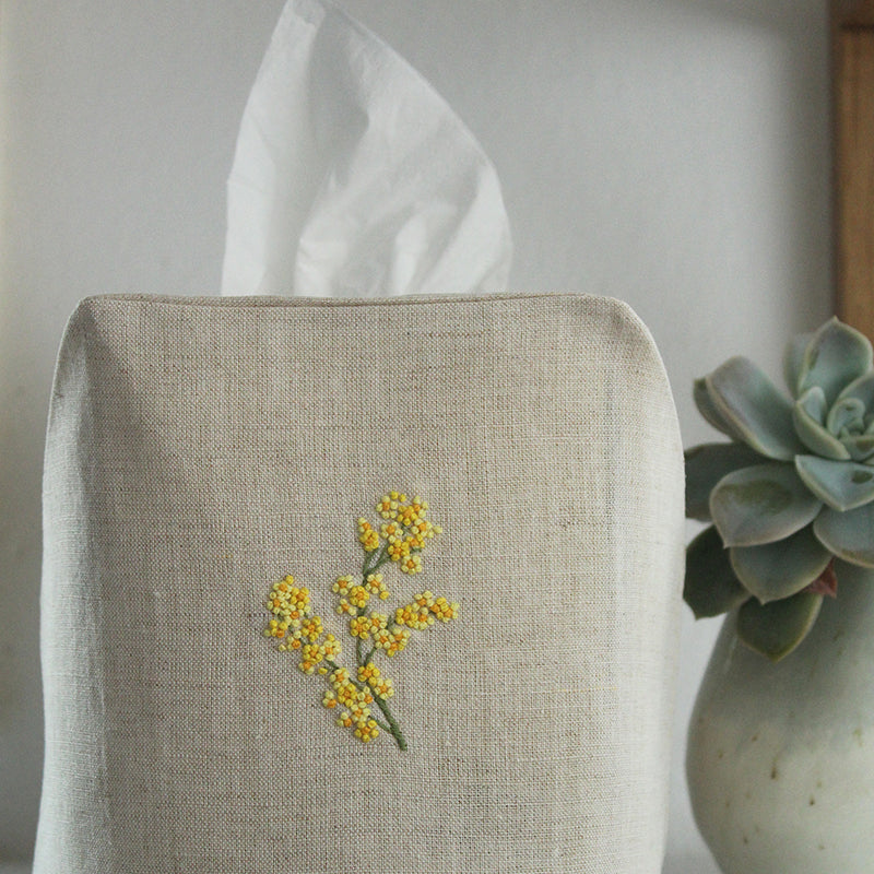 hand embroidered linen mimosa cotton tissue box cover detail