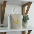 hand embroidered linen mimosa cotton tissue box cover detail
