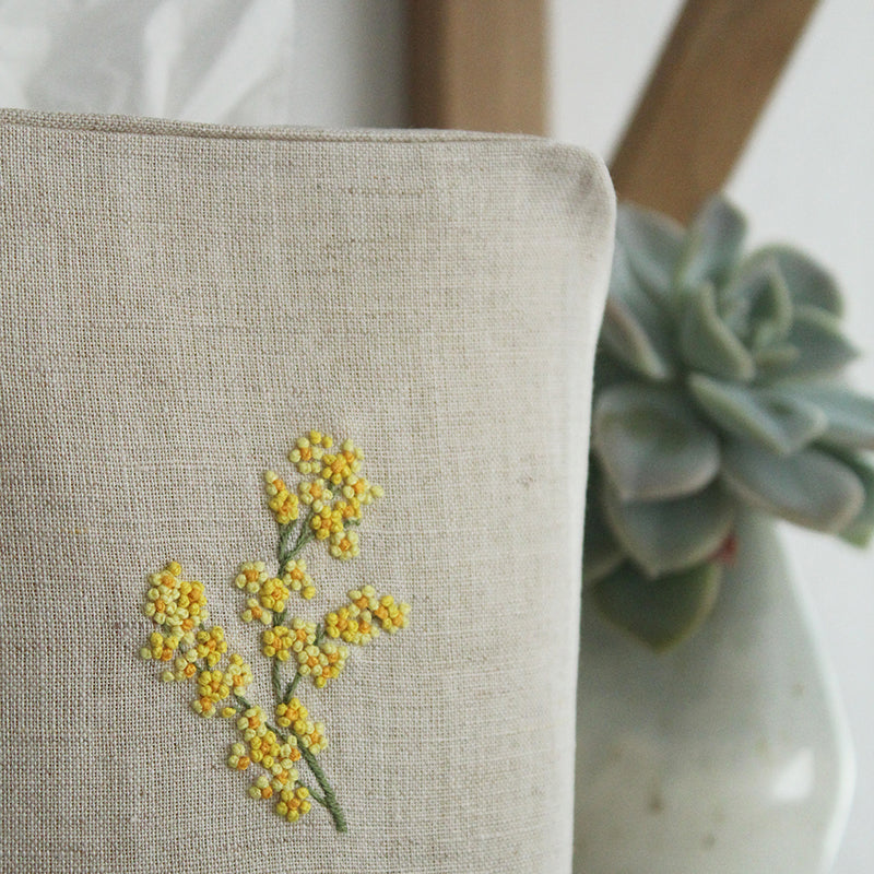 hand embroidered linen mimosa cotton tissue box cover detail