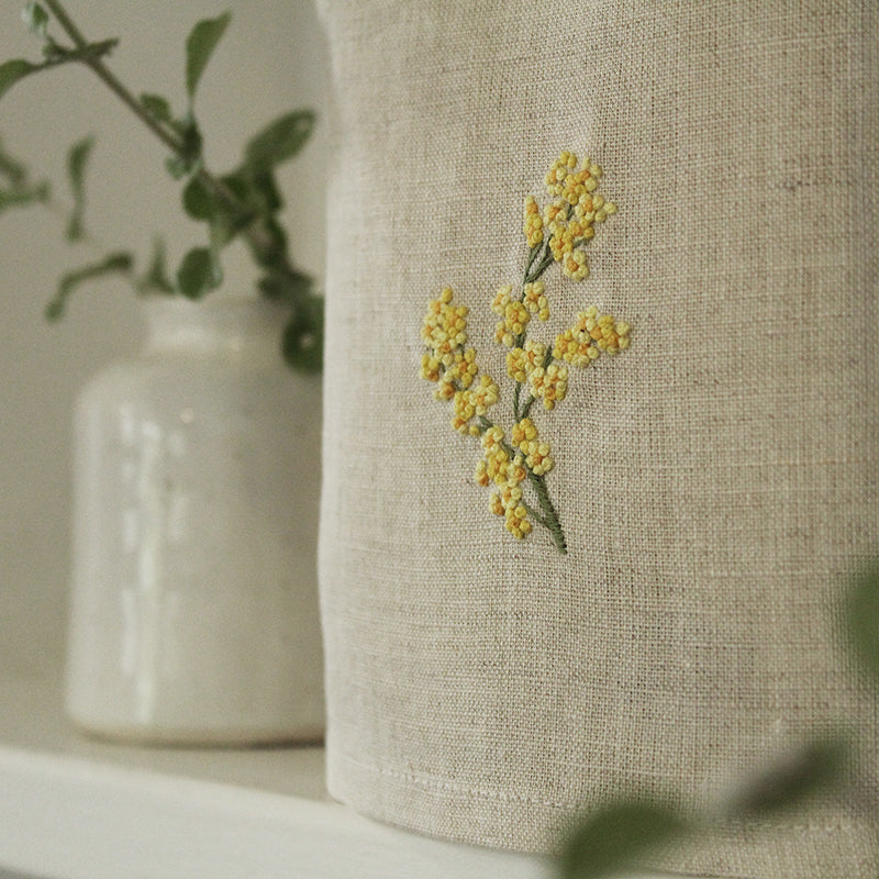 hand embroidered linen mimosa cotton tissue box cover detail