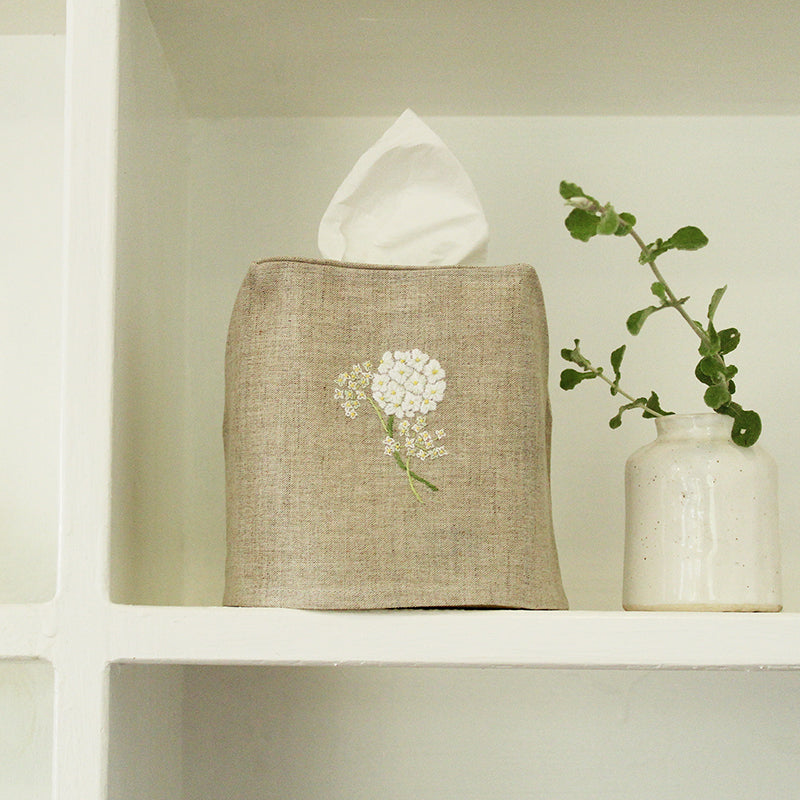 linen tissue box cover - natural hydrangea