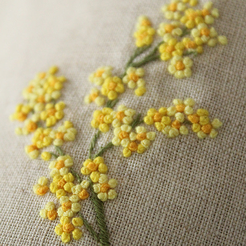 hand embroidered linen mimosa cotton tissue box cover detail