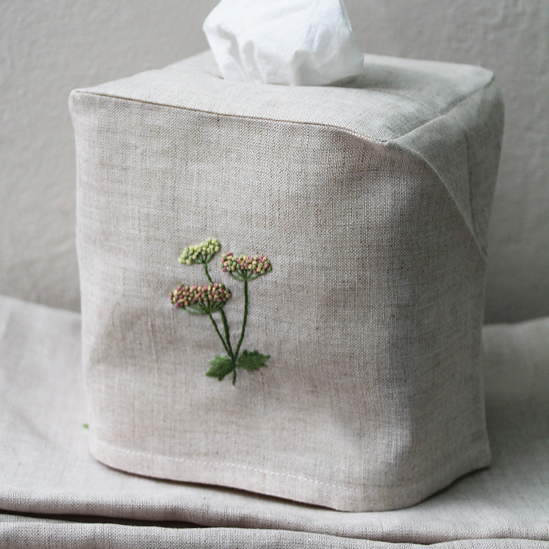 hand embroidered linen cotton tissue box cover detail