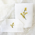 White Linen Bathroom Gift Set | Hand Embroidered Mimosa Flowers