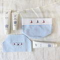 Blue Cotton Baby Bathroom Organizer Gift Set | Hand Embroidered Nautical Sailboats