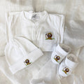 White Pima Cotton Newborn Layette Gift Set | Embroidered Safari Lion