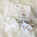 White Pima Cotton Newborn Layette Gift Set | Embroidered Pink Bunny