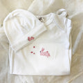 White Pima Cotton Newborn Sleep Sack Gift Set | Embroidered Pink Bunny