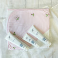 Pink Striped Hooded Towel & Baby Bath Gift Set | Hand Embroidered Rosebuds