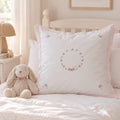 White Cotton Euro Pillow Sham hand embroidered Pink Rosebuds