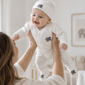 White Pima Cotton Newborn Layette Gift Set | Embroidered Safari Elephant