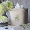 Pure Linen Tissue Box Cover, Hand Embroidered Elderflower, Natural