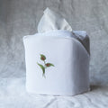 Pure Linen Tissue Box Cover, Hand Embroidered Flamingo, White