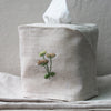 Pure Linen Tissue Box Cover, Hand Embroidered Meadow, Natural