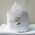 Pure Linen Tissue Box Cover, Hand Embroidered Meadow, White