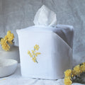 Pure Linen Tissue Box Cover, Hand Embroidered Mimosa, White
