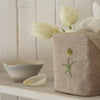 Pure Linen Tissue Box Cover, Hand Embroidered Tulip, Natural