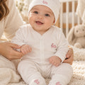 White Pima Cotton Newborn Layette Gift Set | Embroidered Pink Bunny