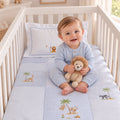 Blue & White Cotton Baby Bedding Gift Set | Hand Embroidered Safari Animals