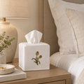 Pure Linen Tissue Box Cover, Hand Embroidered Tulip, White