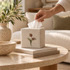 Pure Linen Tissue Box Cover, Hand Embroidered Flamingo, Natural