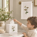 Pure Linen Tissue Box Cover, Hand Embroidered Meadow, White